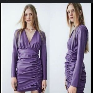 Purple Zara vegan stretch leather mini rouched dress size Small